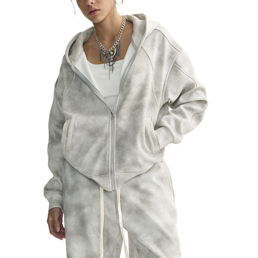 Dirty Washed Zip-Up Fleece Hoodie