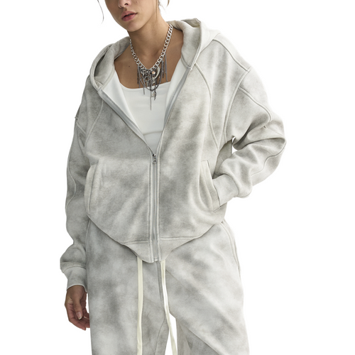 Dirty Washed Zip-Up Fleece Hoodie